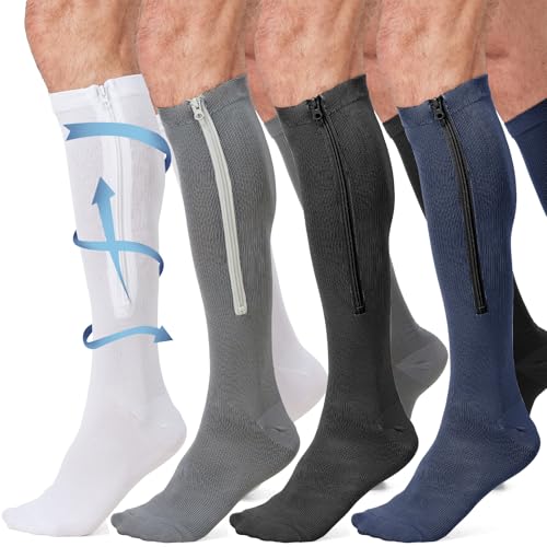 4 Pairs Zipper Compression Socks for Men and Women 20-30mmHg,Knee High Compression Socks with Zipper Men, Easy to Put On Closed Toe Support Edema,for Mens Swelling, Nurses & Travel