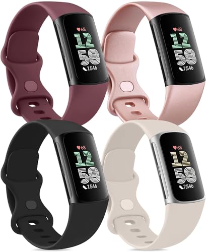 AK Pack 4 Bracelets Compatibles avec Fitbit Charge 6/5 pour Femmes Hommes, Bracelet de Remplacement Réglable (Small, Pack D)