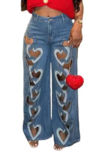 Tcremisa Womens Sexy Heart Hollow Out Ripped Jeans Stretch High Waist Straight Wide Leg Cut Out Baggy Denim Pants