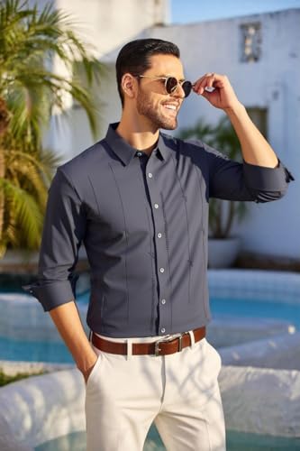 Image of IndoPrimo Men's Regular Fit Satin Designer Shirt with Stylish Vertical Line Sequence | Long Sleeve Formal & Casual Button Down Shirt for Office, Party & Business