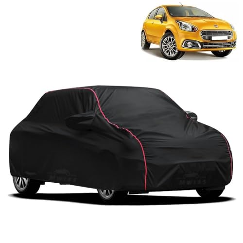 Image of Waterproof Car Cover for Fiat Punto Evo | All-Weather Protection, Dustproof & UV Resistant | Triple Stitched Mirror Pockets, Windproof Buckle Strap with Elastic Hem, Black-Red Piping