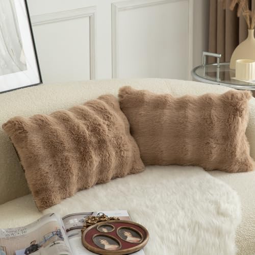 Image of MANDIOO Pack of 2 Thick Plush Wool Decorative Throw Pillow Covers Super Soft Wave Bubble Fur Velvet Cushion Covers Pillow Shams for Couch Bed Living Room 16x24 Inch Camel