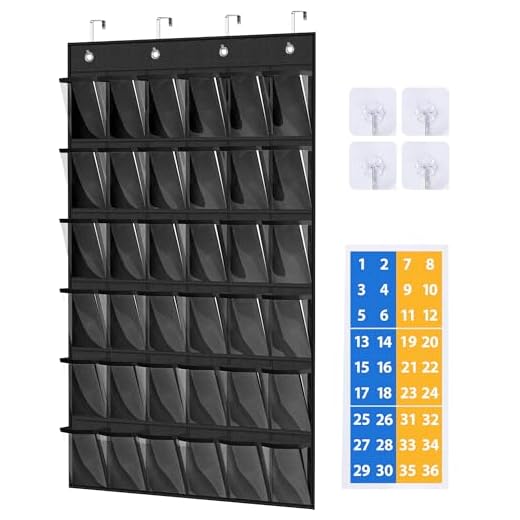 MISSLO Cell Phone Pocket Chart for Classroom with 36 Modern Number Stickers Over The Door Calculator Holder for Wall Mount Clear Hanging Cell Phone Holder Classroom Storage Organizer, Black