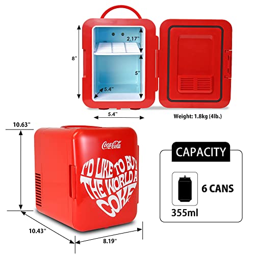 Image of Coca-Cola World 1971 Series Mini Fridge, 6-Can Portable AC /DC Thermoelectric Cooler & Warmer, 4L Compact Dorm Fridge for Skincare, Cosmetics, Snacks, Beverages, Car, Boat, RV, Office Desk