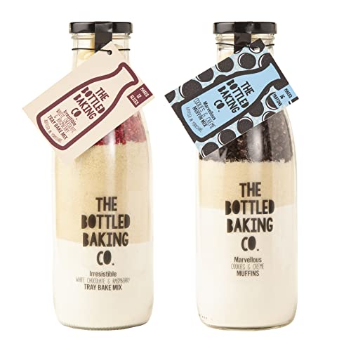 Duo Of Cake Baking Mixes - Galletas y magdalenas de crema y bandeja de frambuesa y chocolate blanco - Ingredientes con método e instrucciones para hacer dos deliciosos horneados separados - Bottled