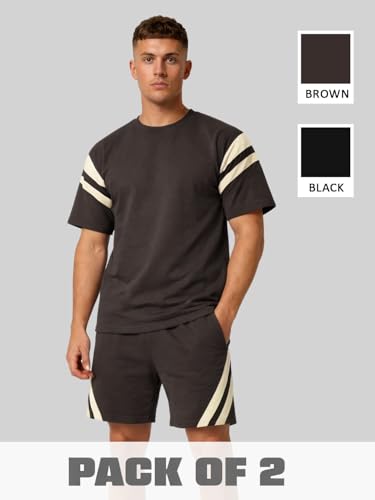 Image of CHKOKKO Men's Co-Ord Set Premium Cotton Blend Oversized T-Shirt & Shorts Cord Set with Side Pockets Round Neck Half Sleeves Solid with Contrasting Stripes Summer or Casual Wear