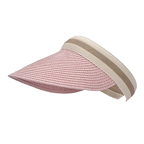 Straw Sun Visors Hats for Kids Embroidered Boys and Girls Wide Brim Roll Up Ponytail Open Top Cap