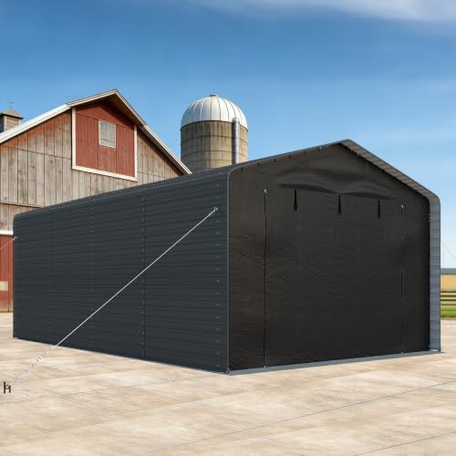 Image of Real Relax 12x20 FT Metal Carport with Side Panels & PE Sidewalls, Gray | Heavy Duty, Reinforced Bars, 2 Zipper Doors, Steel Wire Rope, Enclosed Car Ports for Cars and Boats, Tools