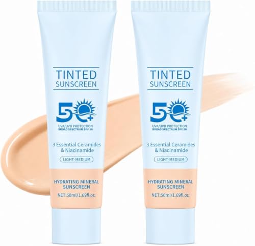 Image of Tinted Mineral Sunscreen SPF 50+, Tinted SPF 50 Face Moisturiser, 2PCS Korean Sunscreen for Face, Broad Spectrum Sun Cream for Daily UVA UVB Care, Natural Light-Medium Finish