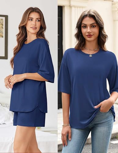 Image of Ekouaer Women's Two Piece Lounge Set Oversized Boxy T-shirt Casual Short Sets Summer Travel Matching Set 2026 Fashion