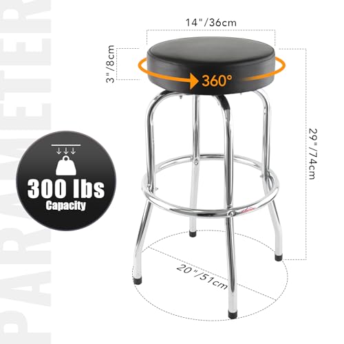 Image of Ruedamann 29 inch H Swivel Bar Stool, Black Leatherette Padded Seat, Chrome Frame, Holds Up to 300 lbs, Shop Stool for Kitchen, Home Bar
