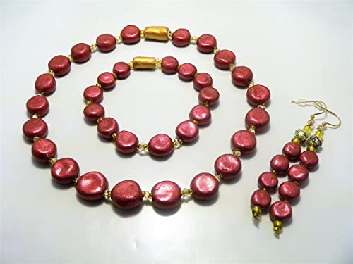 Parure en perles céramiques rouge collier ras-de-cou bracelet boucles d'oreilles