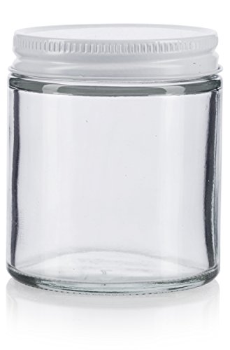 JUVITUS Clear Thick Glass Straight Sided Jar with White Metal Airtight Lid - 4 oz / 120 ml (12 pack) BPA Free Refillable Empty Storage Containers4