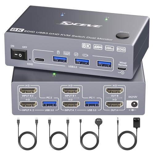 YOUTINGHDAV Conmutador KVM USB 3.0 HDMI 2 PC 2 monitores con EDID, 8K@60Hz & 4K@144Hz, Dual Monitor KVM Switch Share teclado mouse, 4 puertos USB 3.0, cable remoto, adaptador de alimentación