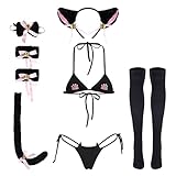 ABAFIP Women's Cute Anime Kawaii Cat Kitten Cosplay Strappy Lingerie Halter Micro Bikini Bra Panty Headband Garter Stockings Set Black-02 One Size