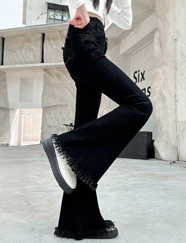 SEAUR Girls Flared Denim Jeans Kids Elastic High Waist Washed Bell Bottoms Pants Baggy Trousers3