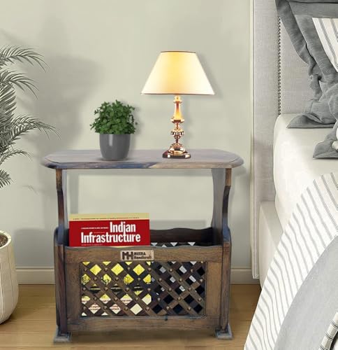 Image of Sheesham Wood Side Table with Magzine Holder for Living Room | Brown