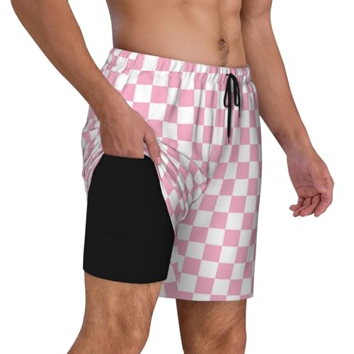 Pink Pastel Checkered Funny Men's Swim Trunks Board Shorts Quick Dry-2