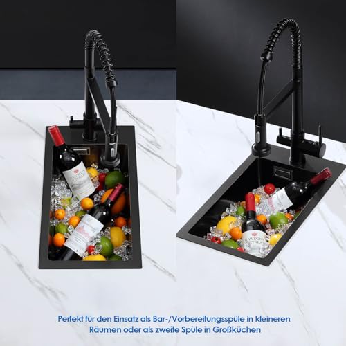 ROVOGO Küchenspüle Schwarz 50 x 28 cm, Edelstahl Spülbecken Küche mit Armaturloch, Ablaufgarnitur und Überlauf-Set, Einbauspüle 1 Becken Rechteckig, Einbau Spüle Klein Edelstahlspüle für Küche