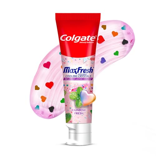 Image of Colgate MaxFresh Rainbow Fresh Gel Toothpaste, with Heart Shaped Cooling Crystals, Triple Mint Flavour, and Ultrafreeze Technology for Intense Freshness, 100g
