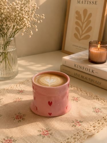 Image of Handmade Heart Print Ceramic Pouch Coffee Mug - Aesthetic Pink Tea Cup for Coffee Milk Espresso, Cute Pottery Style Designer Mug for Women Girls Home Cafe Use