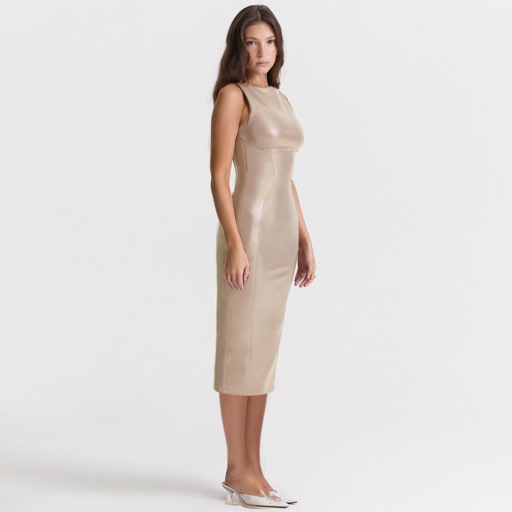 XLLAIS Sleeveless PU Sheath Dress Faux Leather Bodycon Midi Pencil Dress - Image 3
