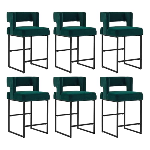 Image of 26 inch H Velvet Bar Stools Set of 6, Counter Height Bar Seats with Square Back, Modern Upholstered Armless Barstools with Metal Black Legs for Kitchen Island Dining Room Bar, Green