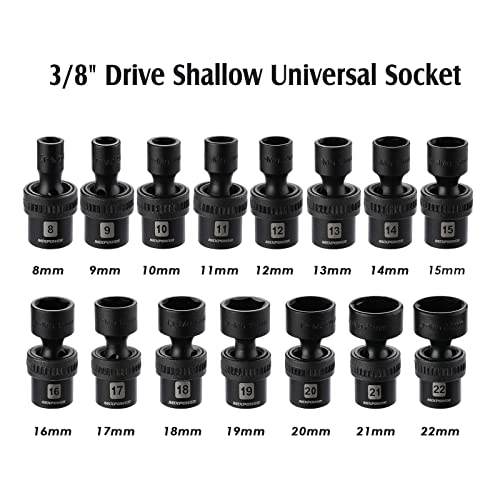 Mixpower 15-Piece 3/8" Drive Shallow Universal Impact Socket Set, 6 Point, Metric, 8-22Mm, Cr-Mo, Swivel Socket With Flexible Wobble… #TOP2