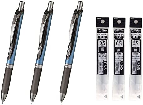 Pentel Energel Deluxe RTX Retractable Liquid Gel Pen - 0.5mm - Fine Line/Needle Tip/Black Ink - Blue Body Type - 3Pens BLN75-A & 3Pens Refills LRN5 Value Set