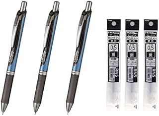 Pentel Energel Deluxe RTX Retractable Liquid Gel Pen - 0.5mm - Fine Line/Needle Tip/Black Ink - Blue Body Type - 3Pens BLN75-A & 3Pens Refills LRN5 Value Set