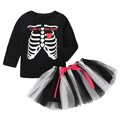 Deloito Halloween Baby Girl Skirt Set, Toddler Appliques Skull Letter Print Long Sleeve Tops+Bow Skirts for 1-5 Years Girls Party Dress Outfits (Black, 100(24M)) Cover