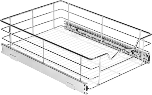 holdn’ storage heavy-duty premium collection pull out cabinet organizer - pantry drawer slide out caddy -lifetime limited warranty - basket size 14" w x 21" d x 5" h, anti-rust chrome finish