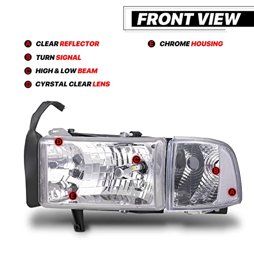 M-Auto Oe Style Headlights Assembly W/2 Pre-Assembled 6000K Led Bulbs Replacement For 94-01 Dodge Ram 1500 Truck/94-02 Ram 2500 3500 2/4-Door, Chrome Housing Clear Corner Head Lights Passenger&Driver #TOP4