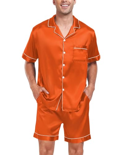 Image of SWOMOG Men Satin Silk Pajamas Sets Short Sleeve Sleepwear Button-Down PJs Sets Two-Pieces Loungewear with Pockets