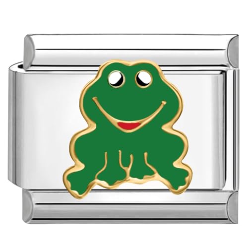 Quiges - Modulo Charm Link in stile italiano da 9 mm in acciaio inox Rana ridente per bracciali in stile Italian Links