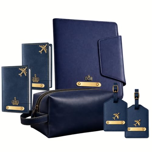Image of Vegan Leather Family Travel Gift Set, Large Travel Organizer, Medium Pouch, 2 Passport Covers, 2 Luggage Tags in Gift Box (Blue)
