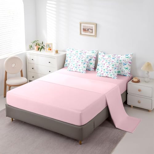 Image of Colorful Butterflies 7 Pieces Bedding Set Full Size,Blue Daisy Flower Bed in a Bag,Cottagecore Farmhouse Bed Set Includes Comforter,Sheet Set,Pillowcases & Pillow Covers,Flying Butterfly Bedroom Decor