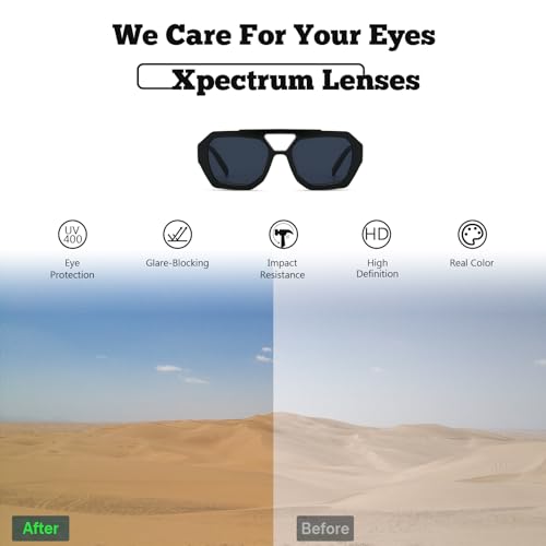 Image of Xpectrum Retro Trendy Aviator Sunglasses for Womens Mens Vintage Hexagonal Square Double Bridge Sun Glasses X9666 (Black), 65mm