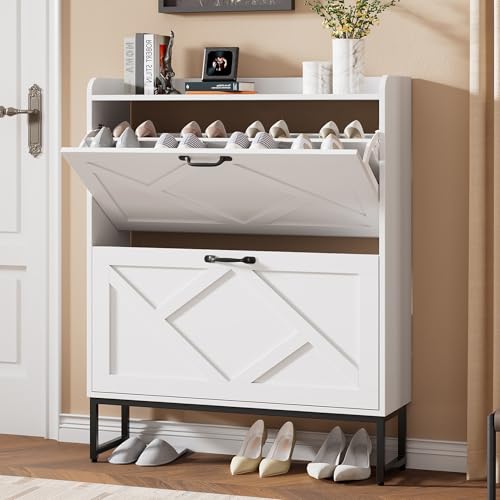 Image of Nicetree Shoe Storage Cabinet with 2 Flip Drawers, Freestanding Shoe Organizer, Shoe Cabinet with Metal Legs, Narrow Shoe Rack Cabinet, Farmhouse Slim Shoe Cabinet for Entryway, Foyer, Hallway, White