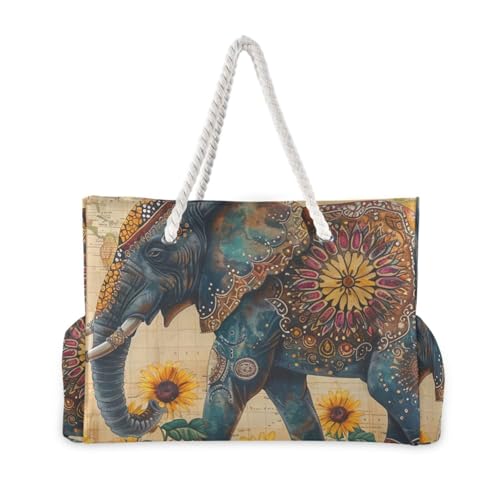 Retro Boho Elephant Sunflowers Sandproof Tote Bag Portable with side pocketes Tote Bag Women with cup holders on the side2