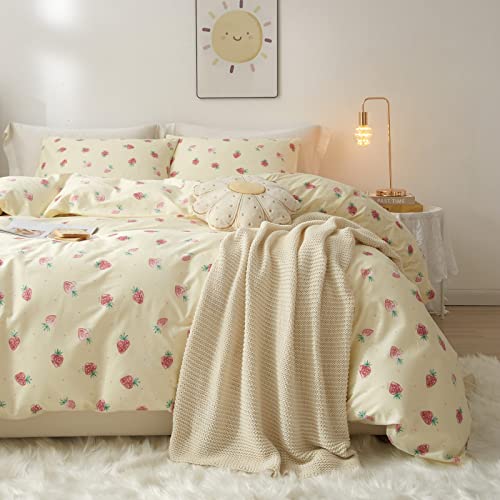 Aojim Japanese Kawaii Style Pure Cotton Soft Children Cute Duvet Cover Set Small Strawberries Reversible Girls Bedding Set 3 Pcs Best Bedding Gifts For Kid Full/Queen #TOP1