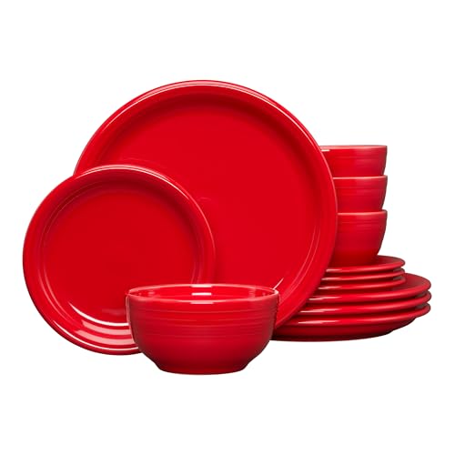 Fiesta Bistro Coupe 12-Piece Dinnerware Set Durable Ceramic Lead-Safe Dishwasher/Microwave/Oven Safe Made in USA Dinnerware - Scarlet