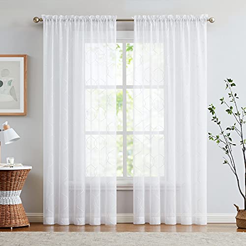 Vangao White Sheer Curtains 95 Inch Long For Living Room Bedroom, Geometric Embroidered Rod Pocket Voile Window Drapes 2 Panels #TOP1
