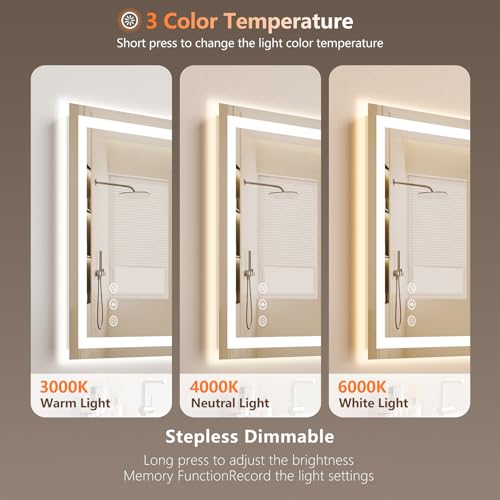 Image of 24x30 LED Bathroom Mirror with Lights - Dimmable, Anti-Fog, 3 Color Backlit & Front Lit Mirror for Bathroom, Shatter-Proof Tempered Glass, Easy Installation
