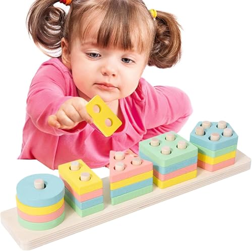 Image of SHINETOY Rainbow 5-Column Wooden Sorting & Stacking Toy | Color & Shape Recognition Blocks | Montessori Educational Toy for Toddlers, 21pcs
