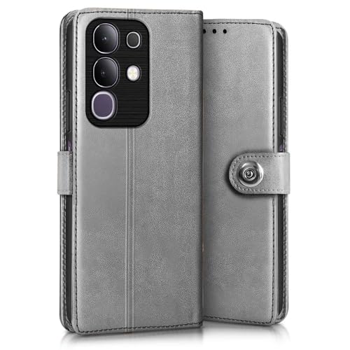 Image of WOW IMAGINE Shock Proof Flip Cover Back Case for Vivo T4x 5G | iQoo Z10x 5G | Vivo Y31 Pro 5G (Magnetic Button Flip Case | Wallet Pockets & Stand | Leather Finish | Stone Grey)