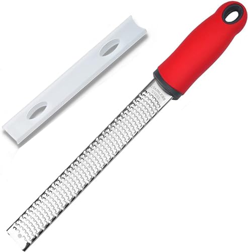 Image of Lemon Zester Grater with Handle, Kitchen Tool for Zesting Citrus Fruits & Finely Grating Parmesan Cheese, Garlic, Ginger, Coconut, Chocolate, Stainless Steel (Red)