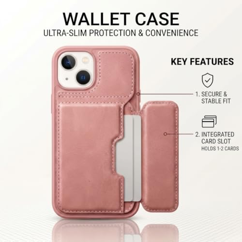 Image of amazon basics Luxury Vegan Leather Back Cover for iPhone 14 | Built-in Card Holder Slot | Integrated Mobile Stand | Slim Shockproof Protective Case with Stitched Finish - Pink