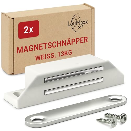 LouMaxx Magnetschnäpper extra stark - Haltekraft 13kg – 2er Set in weiß Magnetverschluss – Magnetschloss – Türmagnet – Möbelmagnet – Magnet Schranktür – Magnet-Türschließer – Balkontürschnapper