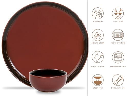 Image of Bodhi House Handcrafted Chip Resistant Porcelain Solid Dinner Set, 12 Pieces Dish Set Serving for 6, Microwave and Dishwasher Safe, Bone-Ash Free, Crockery Set for Dining and Gifting, Deep Red